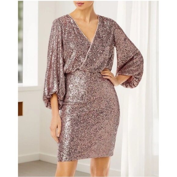 New Eliza J Womens Size 2 Pink Sequined Stretch Cocktail Dress Mauve Long Sleeve - Picture 1 of 11